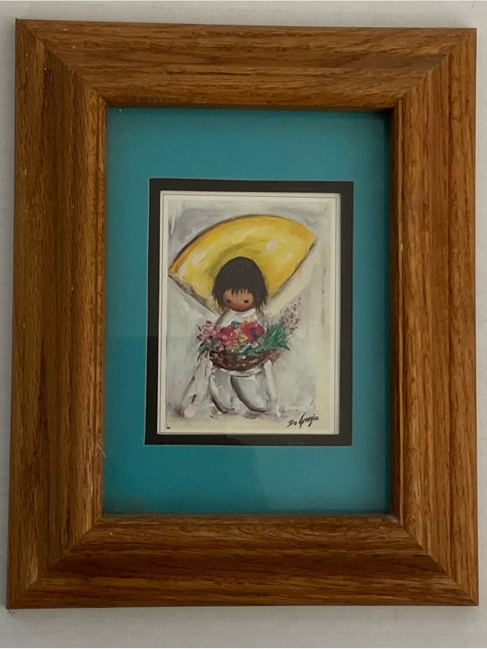 Framed DeGrazia Flower Boy Wall Art Print with Teal Mat Wood Framing Southwest